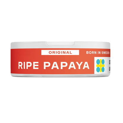 Un envase VELO redondo y blanco con una etiqueta roja en la que se lee "Papaya madura" y "Nacido en Suecia", además de un logotipo geométrico azul y amarillo, ofrece nicotina afrutada a los aficionados al sabor tropical de la papaya madura.