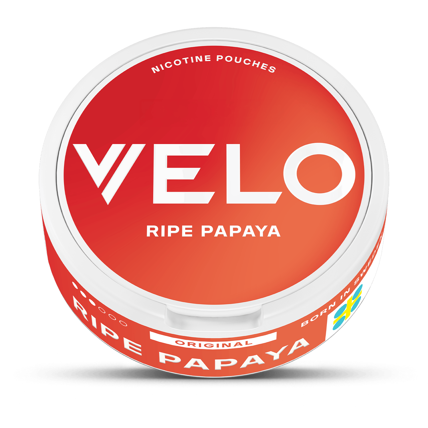 Un envase redondo y blanco con tapa roja etiquetado como VELO Papaya Madura lleva escrito "Nicotine Pouches Original" en la tapa. El lateral muestra "papaya madura", una bandera sueca, y destaca su sabor a nicotina afrutada tropical.