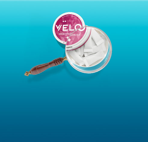 Un recipiente redondo con la etiqueta VELO, lleno de bolsitas blancas, está abierto bajo una lupa con mango de madera, sobre un fondo azul.