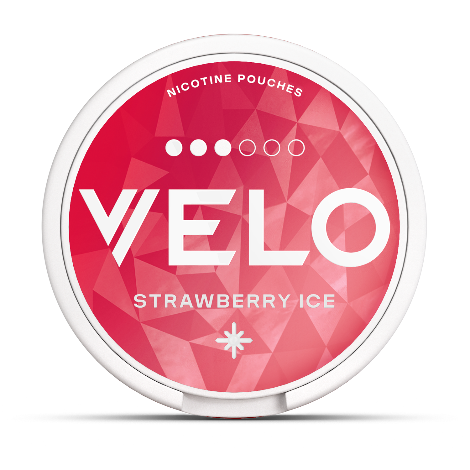 Un envase redondo, rojo y blanco de VELO etiquetado como "Strawberry Ice" presenta motivos geométricos, "Nicotine Pouches" en la parte superior y cinco círculos que indican su sabor a fresa y su experiencia de nicotina.