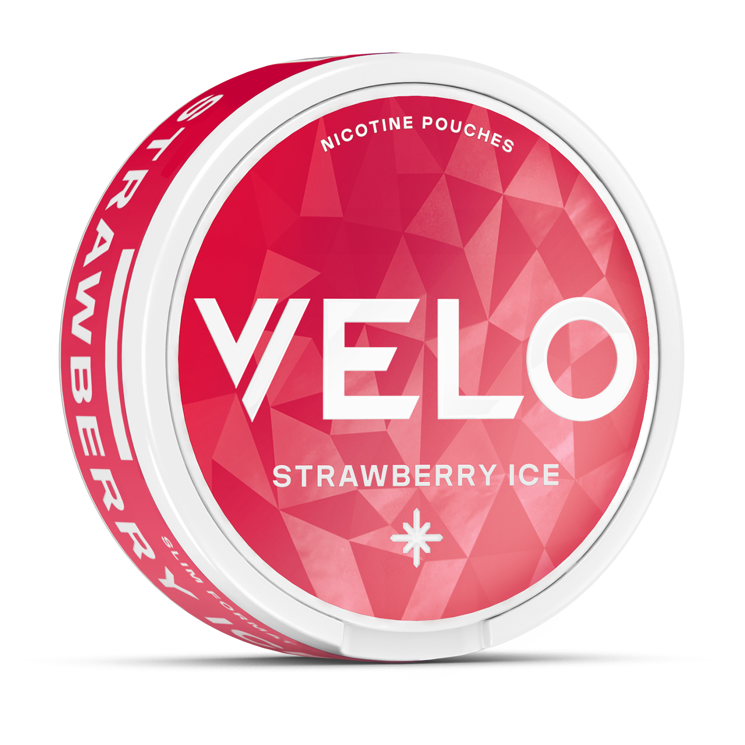 Un envase redondo de VELO Strawberry Ice con tapa geométrica rosa y texto blanco, que proporciona una refrescante experiencia de nicotina y sabor a fresa.