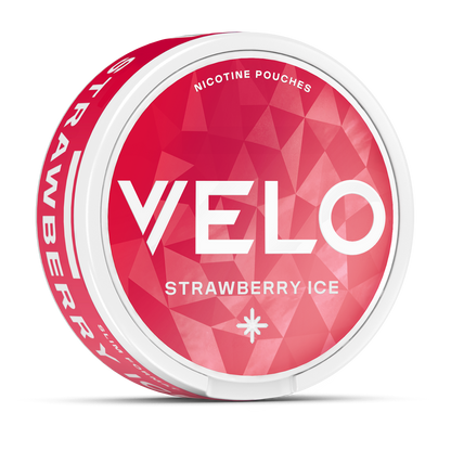 Un envase redondo de VELO Strawberry Ice con tapa geométrica rosa y texto blanco, que proporciona una refrescante experiencia de nicotina y sabor a fresa.