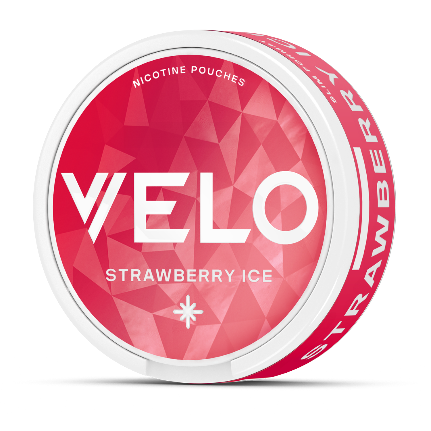 Un envase redondo y blanco de VELO Strawberry Ice descansa sobre un fondo geométrico rosa y rojo. La tapa muestra un texto blanco en negrita con un estallido de estrellas debajo del nombre del sabor, destacando estas bolsitas de nicotina con sabor a fresa.