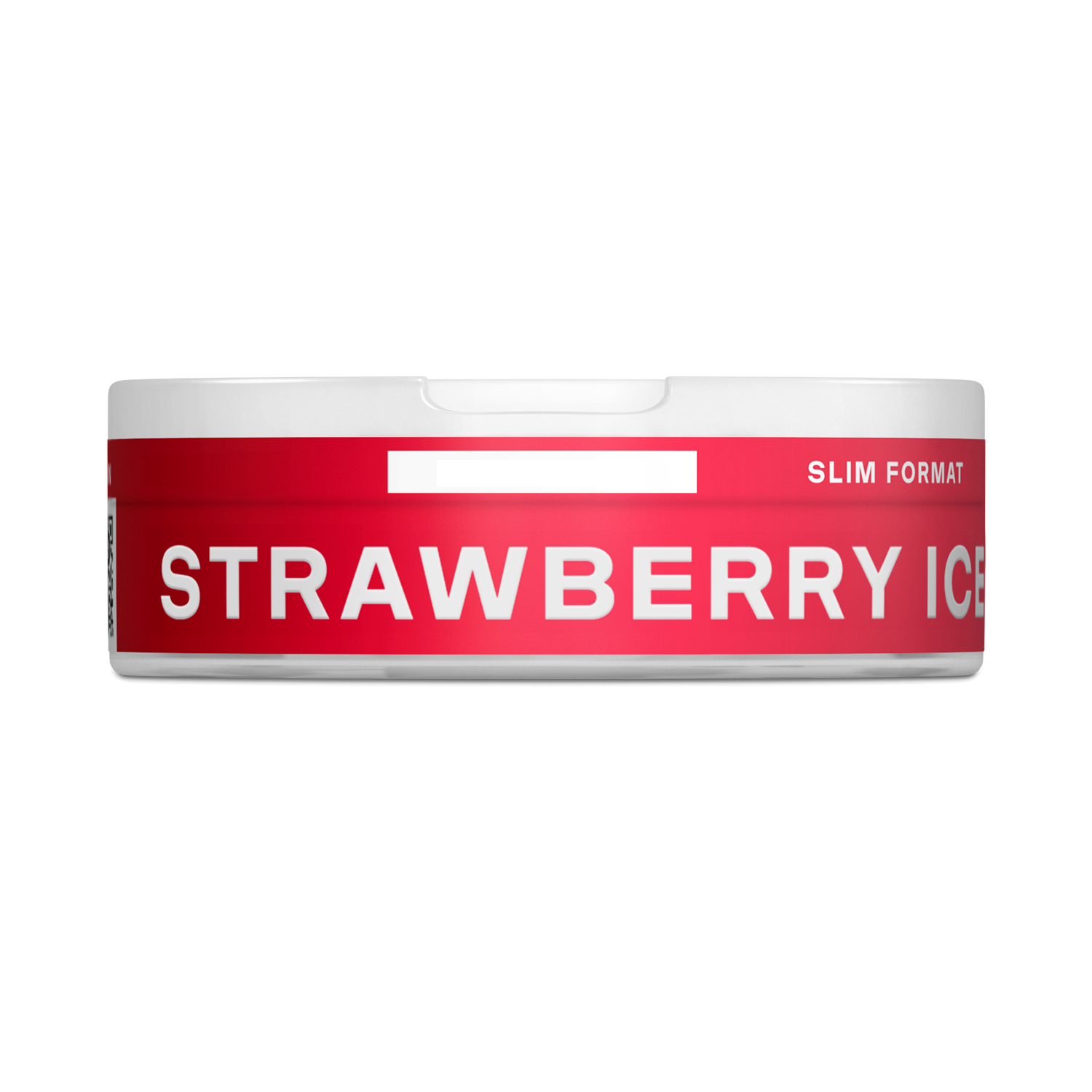 Un envase VELO redondo y blanco con una etiqueta roja en la que se lee "Strawberry Ice" y "Slim Format" en letras blancas y en negrita. Disfruta sabor a fresa y nicotina de alta calidad. La tapa presenta una pequeña muesca para mayor comodidad.