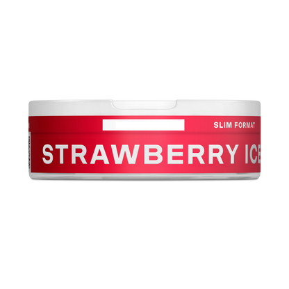 Un envase VELO redondo y blanco con una etiqueta roja en la que se lee "Strawberry Ice" y "Slim Format" en letras blancas y en negrita. Disfruta sabor a fresa y nicotina de alta calidad. La tapa presenta una pequeña muesca para mayor comodidad.