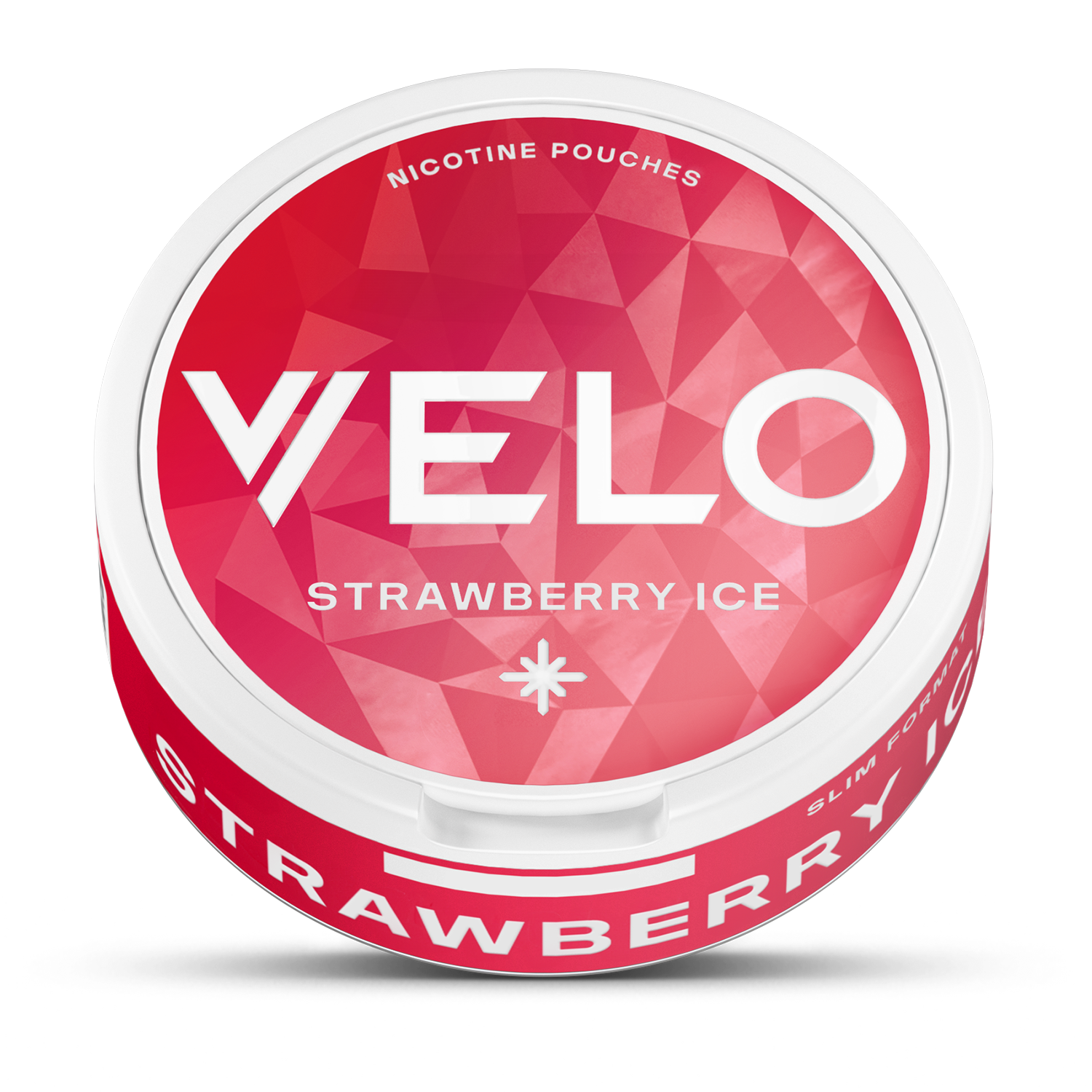 Un envase redondo y blanco de VELO Strawberry Ice con un diseño geométrico rojo y rosa contiene bolsitas de nicotina. La tapa destaca la experiencia de nicotina y el sabor a fresa para una experiencia refrescante y de primera calidad.