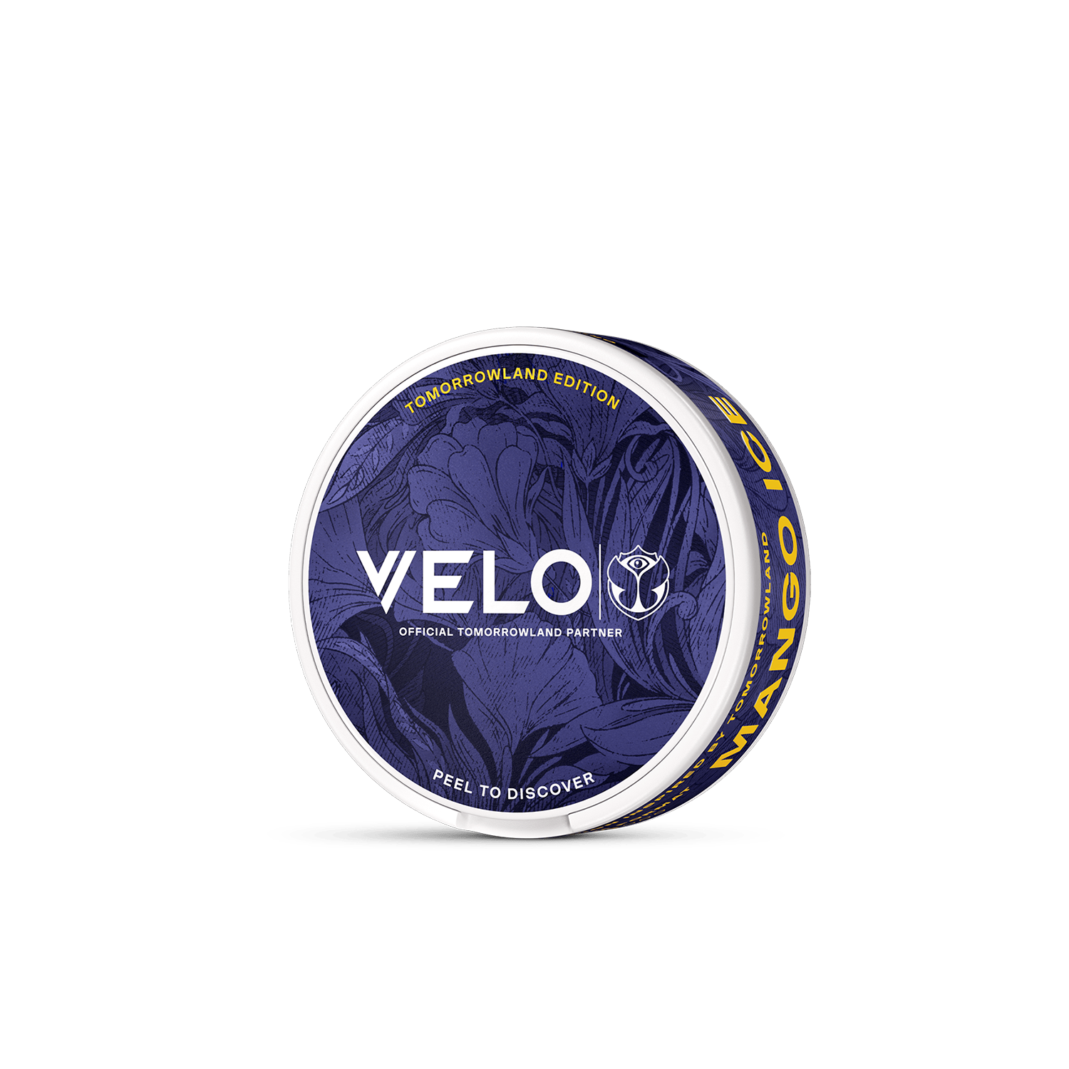 La lata VELO Tomorrowland Mango Ice presenta un diseño floral azul, texto en blanco y el logotipo dorado de Tomorrowland en la tapa. Disfruta de una experiencia de nicotina con texto amarillo sobre fondo azul oscuro.