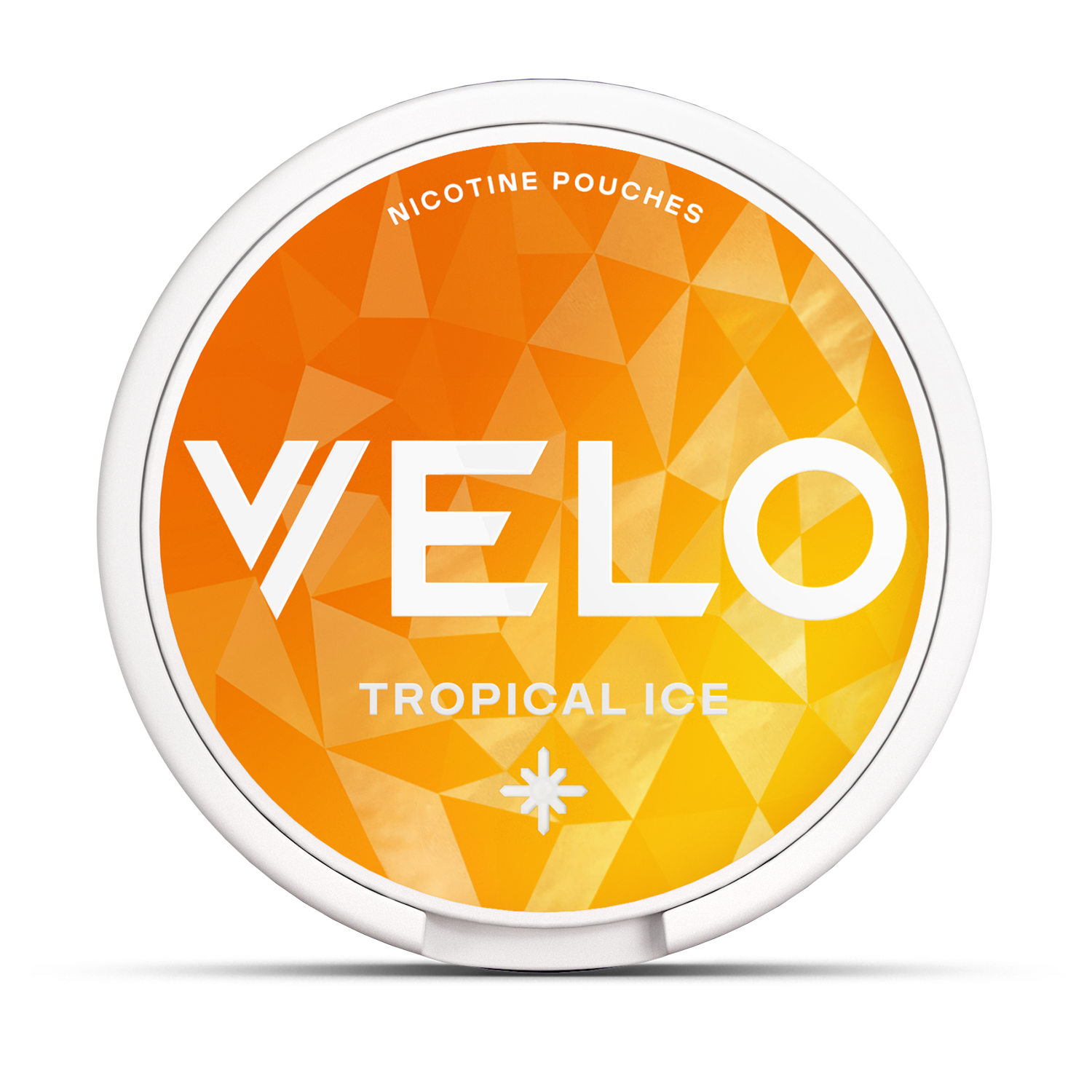 VELO Tropical Ice ofrece bolsitas de nicotina con sabor a piña, coco y mango en un envase redondo con tapa geométrica de color amarillo anaranjado, texto blanco en negrita y el símbolo de una estrella-nicotina afrutada con ingredientes de origen vegetal.