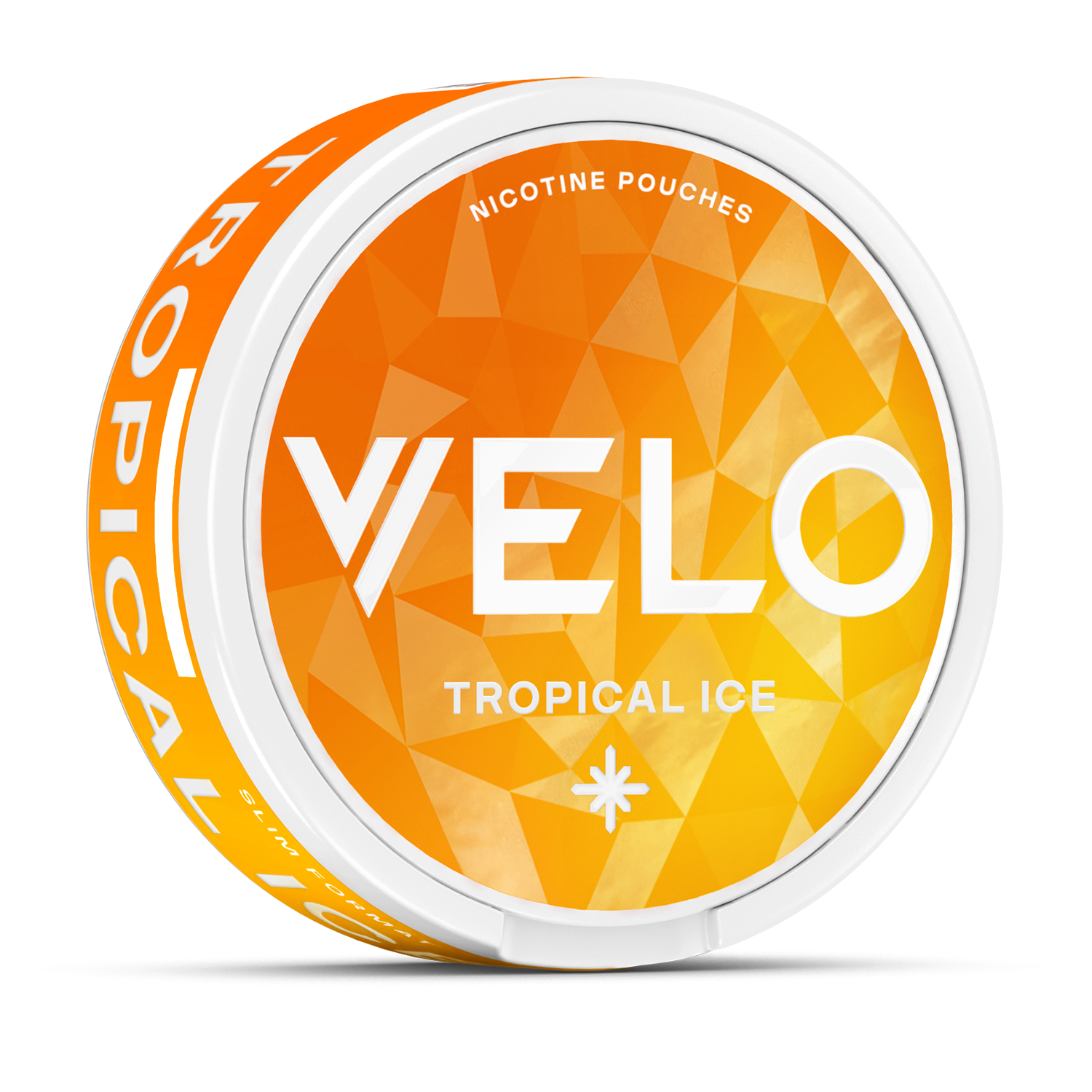Un envase redondo de VELO Tropical Ice con un diseño geométrico naranja-amarillo, texto en blanco y sabor a piña coco y mango para un impulso afrutado de nicotina. Contiene ingredientes de origen vegetal.