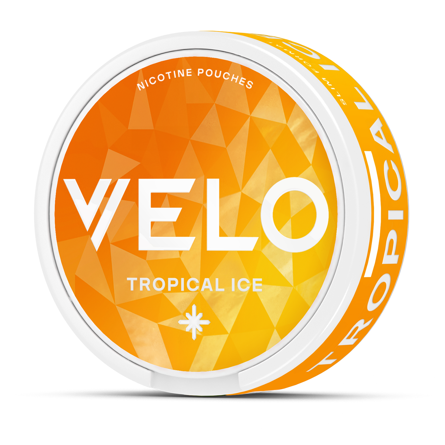 Una lata redonda de sobres de nicotina Tropical Ice de VELO, con notas de mango piña coco. La etiqueta de color naranja-amarillo tiene diseños geométricos y texto blanco en negrita, creando un aspecto vibrante que refleja el sabor afrutado.