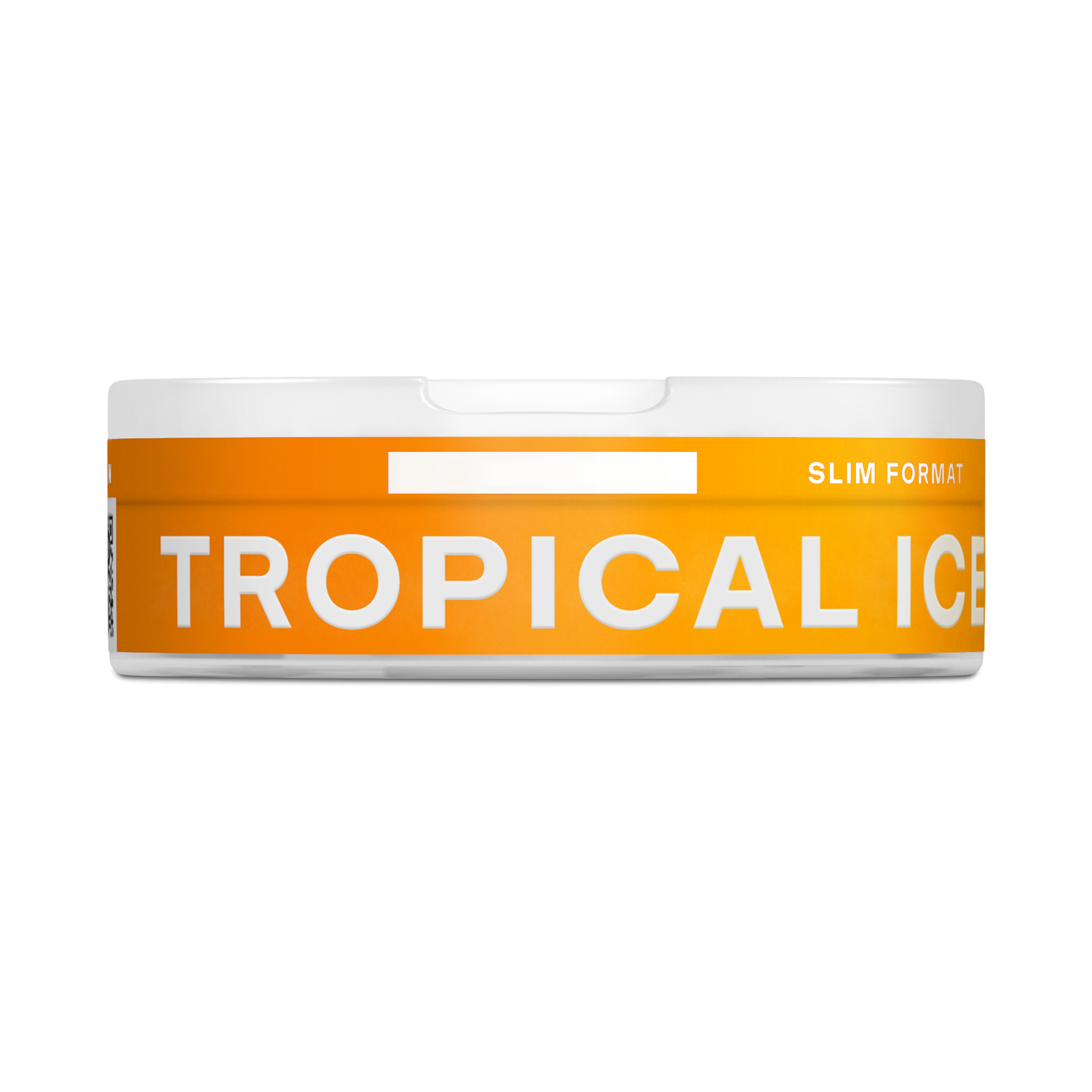 Un envase VELO redondo de color blanco con una etiqueta naranja en la que se puede leer TROPICAL ICE y SLIM FORMAT en letras blancas llamativas, con sabores de piña, coco y mango para una experiencia de nicotina afrutada, sobre un fondo blanco liso.