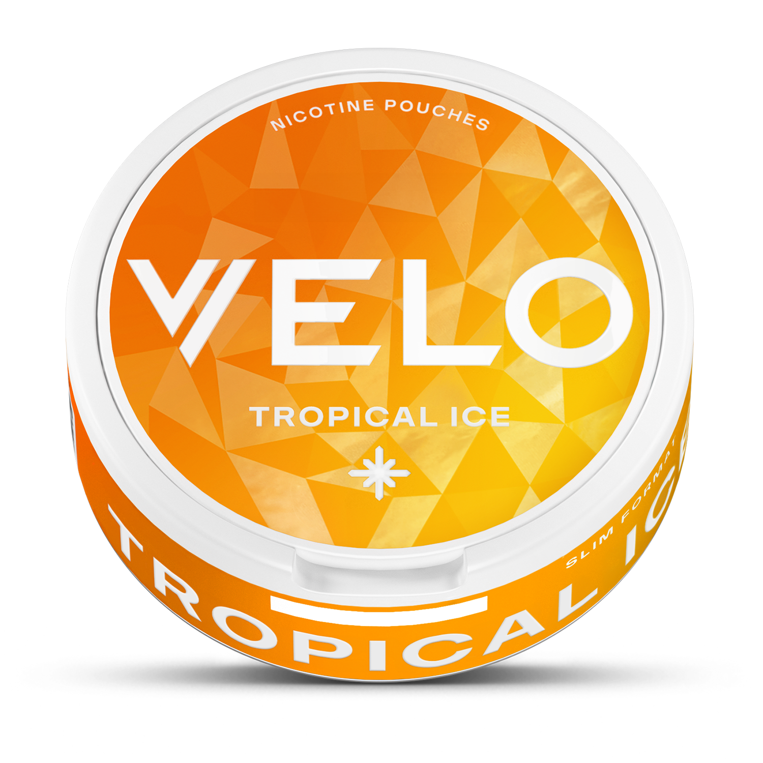 Un envase redondo y blanco de VELO Tropical Ice se asienta sobre un fondo geométrico naranja-amarillo, destacando los sabores piña, coco y mango con ingredientes de origen vegetal. En la parte superior aparece impreso "Nicotine Pouches".