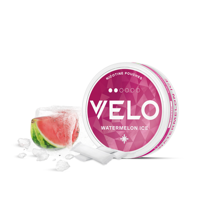 Una lata redonda blanca y rosa con la etiqueta VELO Watermelon Ice se sitúa junto a una rodaja de sandía en hielo, destacando una refrescante experiencia de nicotina con sabor a sandía entre cubitos de hielo esparcidos sobre un fondo blanco.