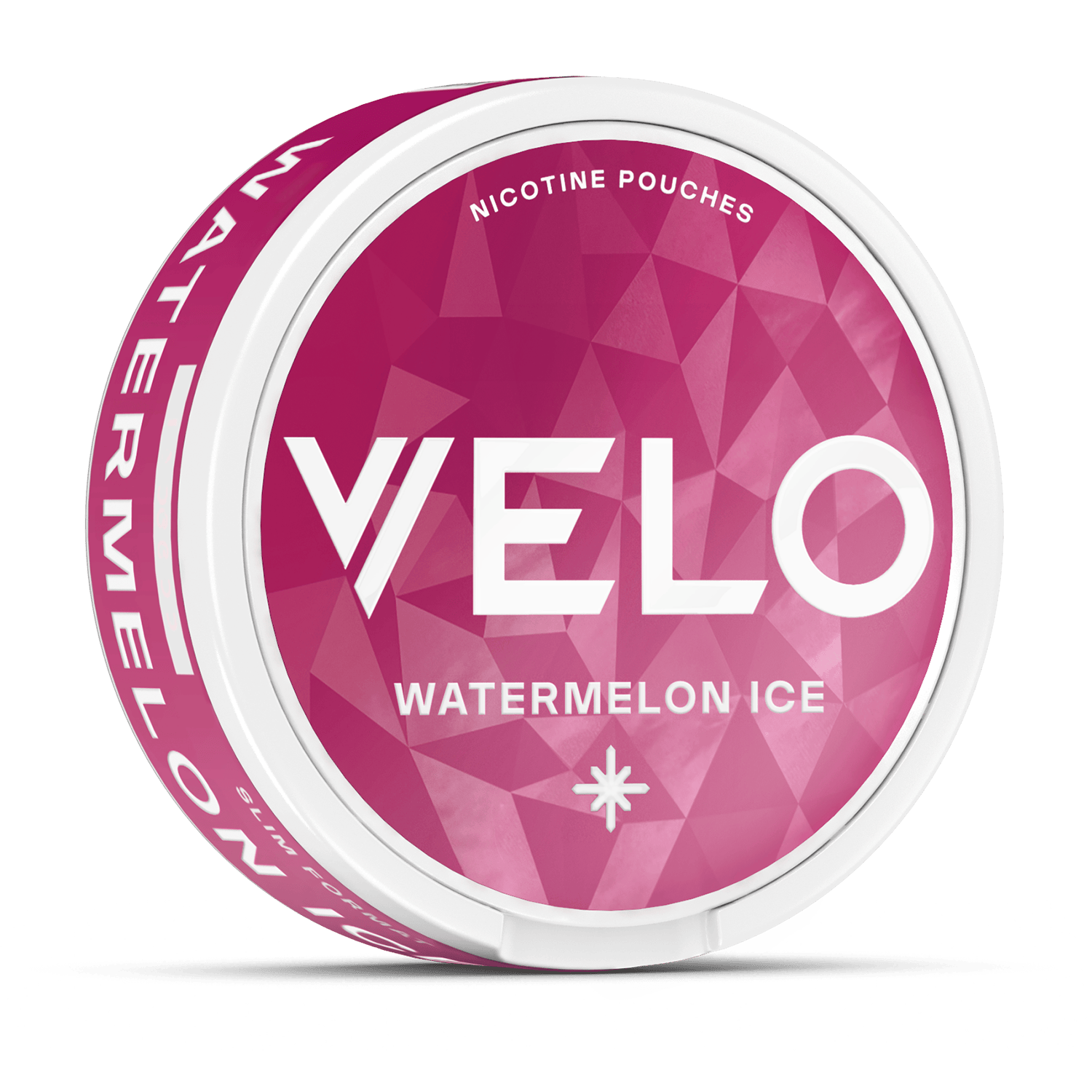 Un envase VELO redondo y blanco con la etiqueta "Watermelon Ice" presenta motivos geométricos rosas y "Nicotine Pouches" en la tapa, prometiendo una refrescante experiencia de nicotina con sabor a sandía. "Sandía" aparece en letras blancas en negrita en el lateral.