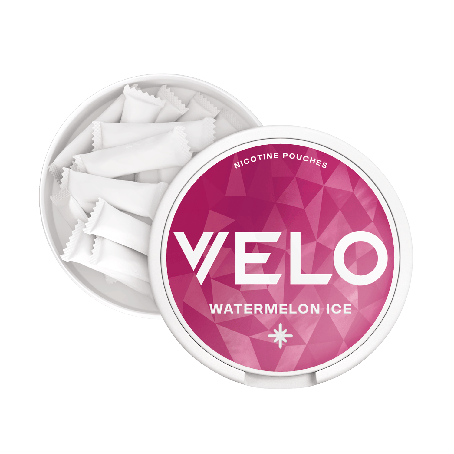 Un envase redondo blanco de VELO Watermelon Ice con una tapa parcialmente abierta muestra varias bolsitas blancas rectangulares en su interior. Disfruta una experiencia refrescante de nicotina y un intenso sabor a sandía con VELO Watermelon Ice.
