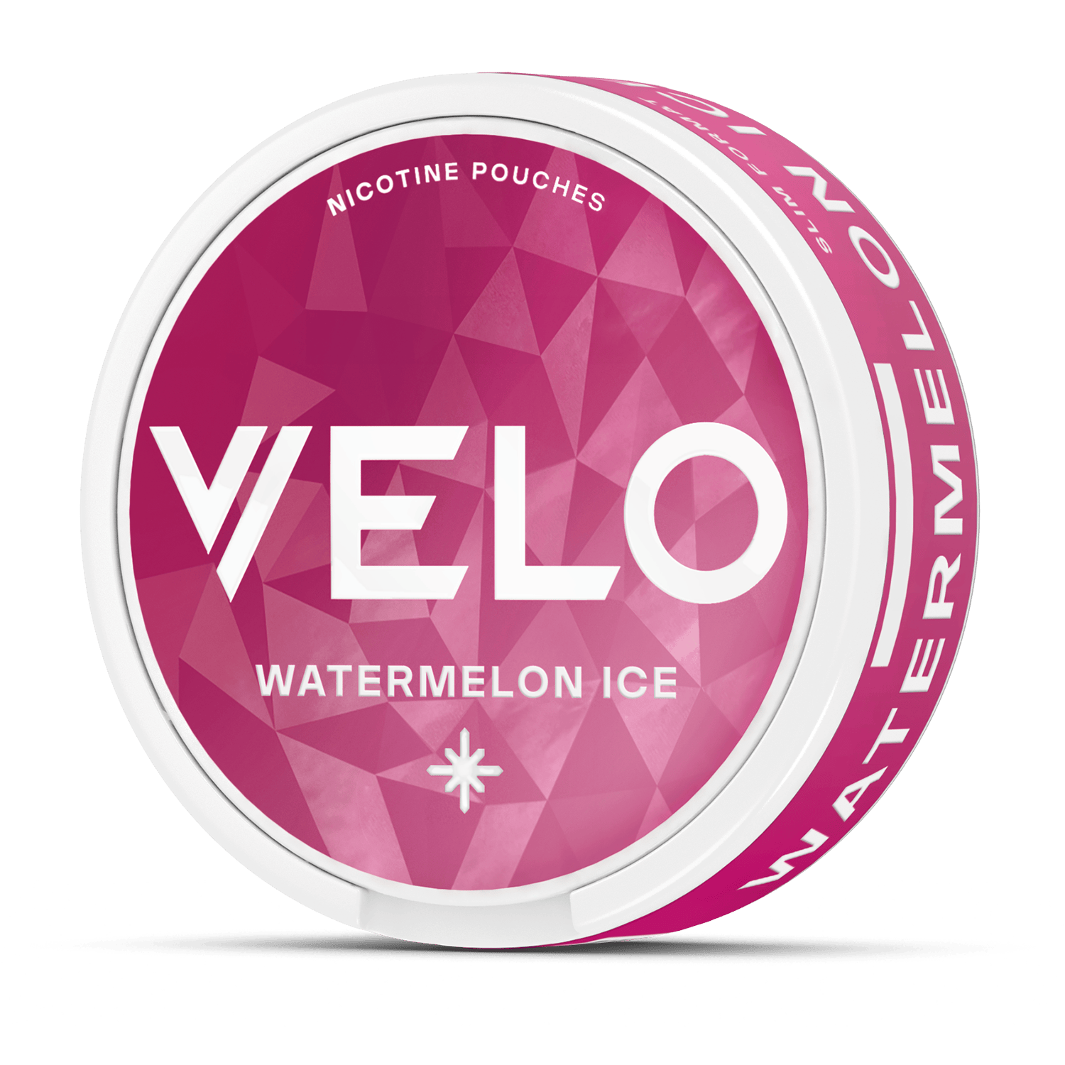 La bolsa de nicotina VELO Watermelon Ice tiene una tapa rosa con motivos geométricos, una marca blanca y un asterisco debajo del nombre del sabor, ofreciendo una refrescante experiencia de nicotina con sabor a sandía.