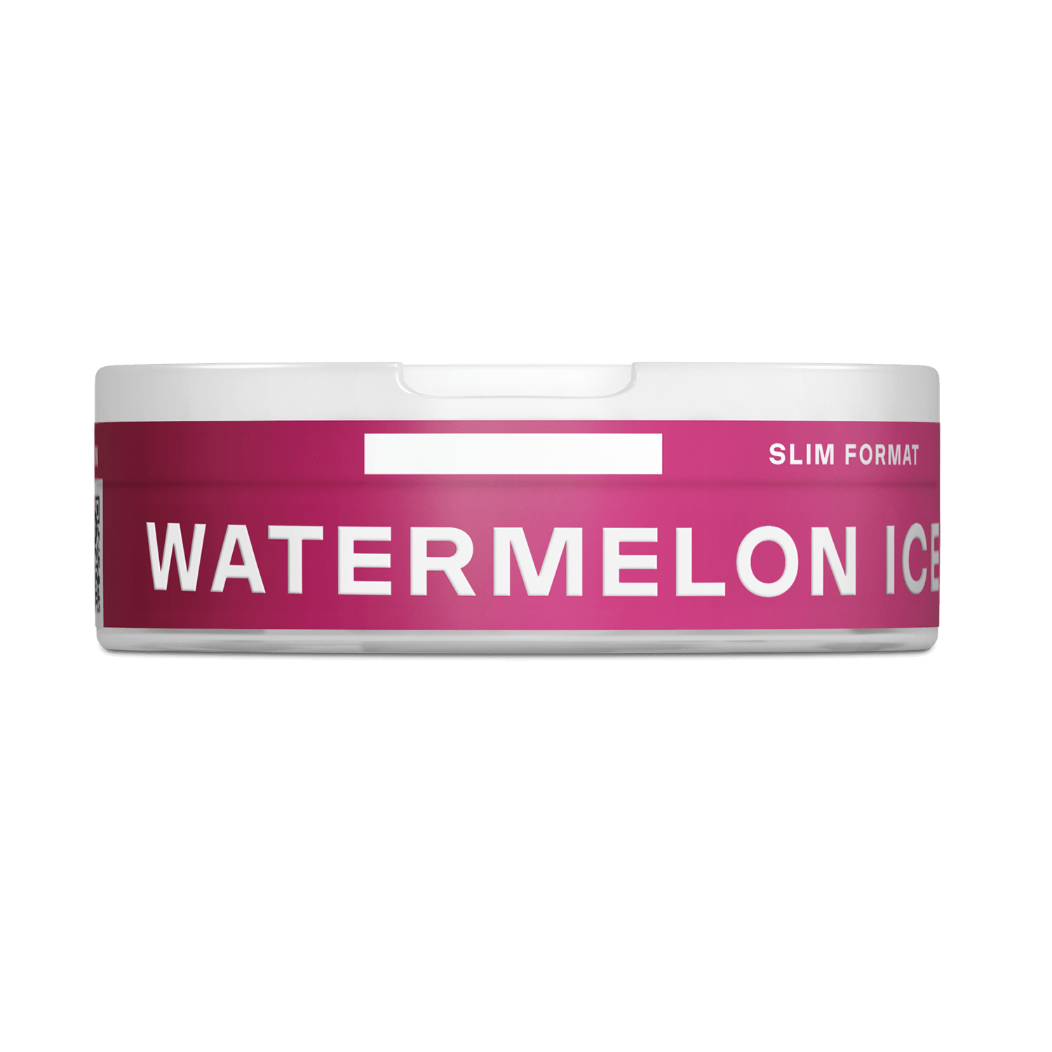 Un envase redondo VELO con una etiqueta rosa en la que se lee WATERMELON ICE y SLIM FORMAT en blanco, visto de lado, sugiere una experiencia refrescante de nicotina con intenso sabor a sandía.
