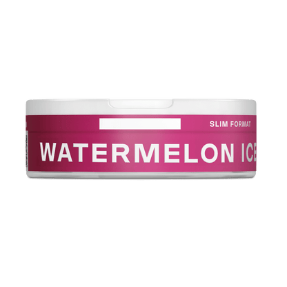 Un envase redondo VELO con una etiqueta rosa en la que se lee WATERMELON ICE y SLIM FORMAT en blanco, visto de lado, sugiere una experiencia refrescante de nicotina con intenso sabor a sandía.
