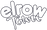 Logotipo delineado en blanco y negro con las palabras elrow Town en divertidas letras de burbuja redondeadas apiladas unas sobre otras.