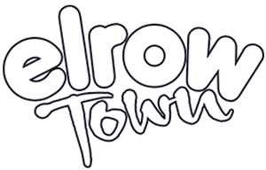 Logotipo delineado en blanco y negro con las palabras elrow Town en divertidas letras de burbuja redondeadas apiladas unas sobre otras.