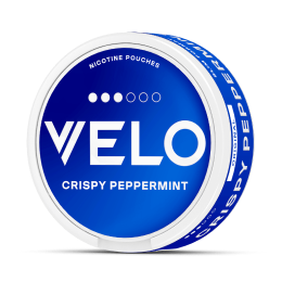 Un envase redondo, azul y blanco, con la etiqueta VELO CRISPY PEPPERMINT, con la inscripción NICOTINE POUCHES en la parte superior e iconos circulares encima de la marca.