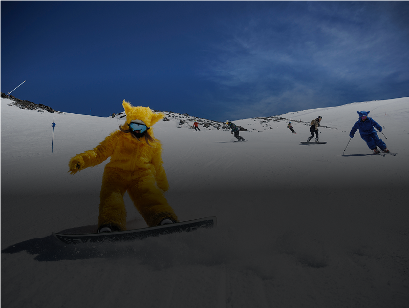 Personas vestidas con coloridos disfraces de animales practican snowboard y esquí en una pista nevada bajo un cielo azul despejado, con una persona en un disfraz amarillo brillante en primer plano.